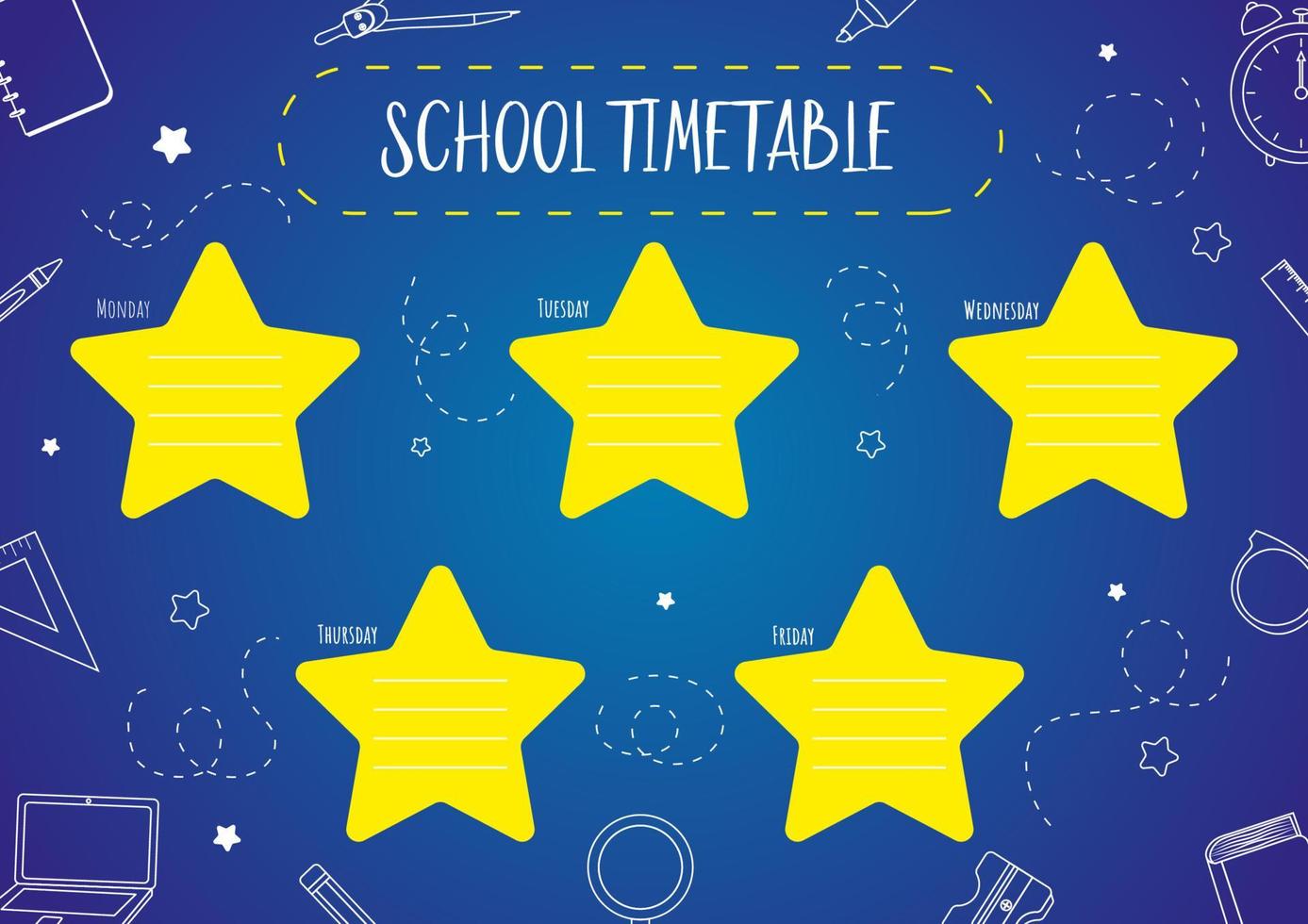 School timetable template for kids with days of the week and stars. Line art school supplies. Weekly planner. Schedule design template. vector