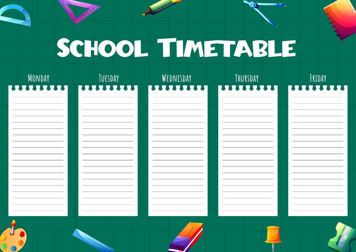 School timetable template for kids with days of the week and cartoon school supplies on the background. Weekly planner. Schedule design template. vector