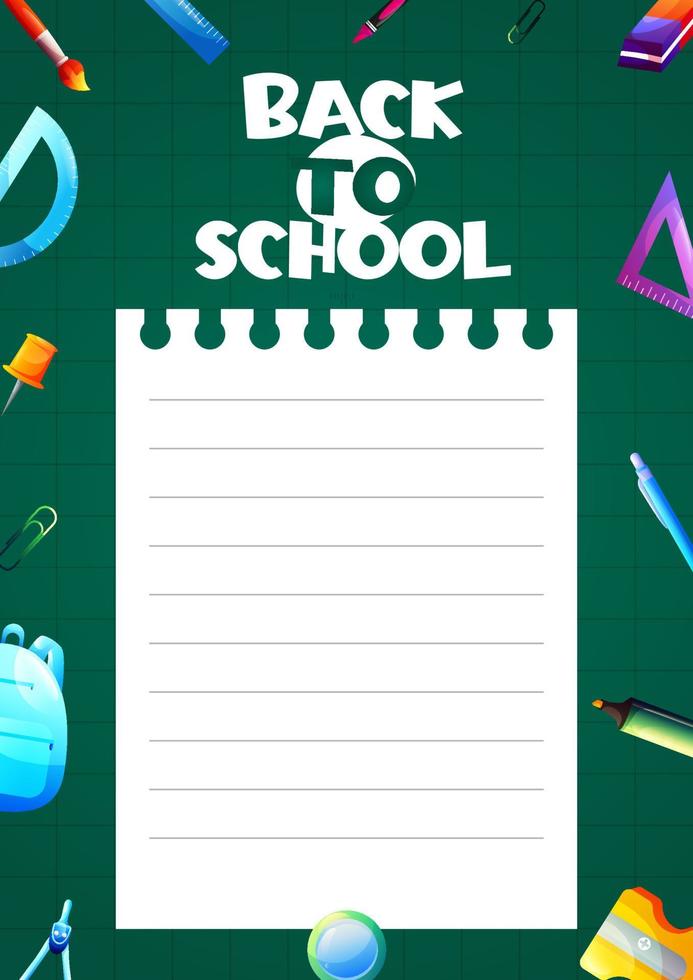 Back to school poster for kids. School supplies in cartoon style. Vector illustration