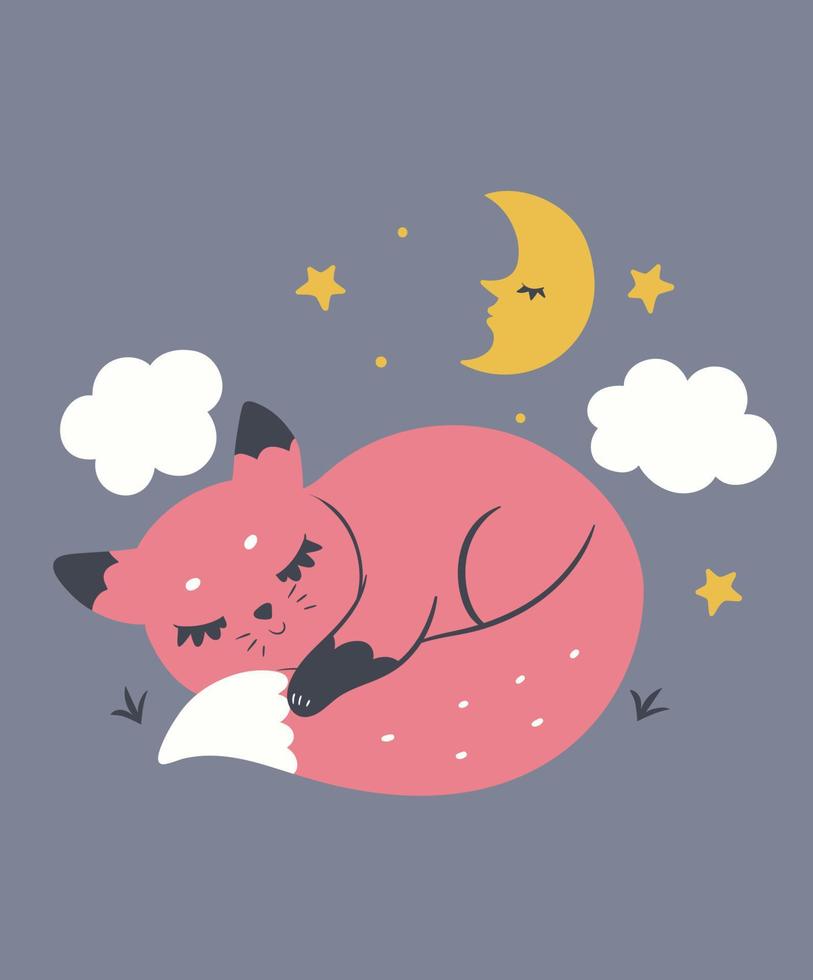 Poster for the nursery with a sleeping fox. Vector graphics.