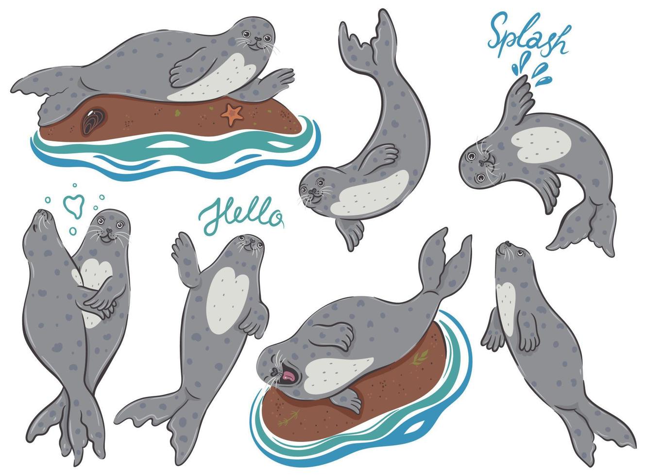 Set of cute seals isolated on white background. Vector graphics.