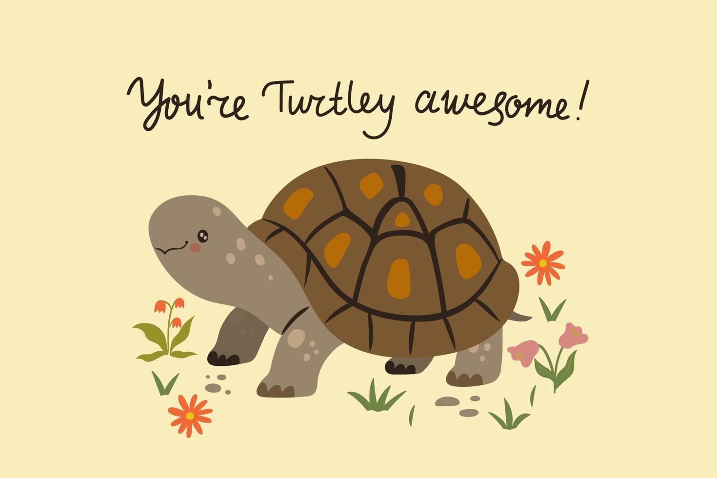 Postcard with a cute turtle. Vector graphics.