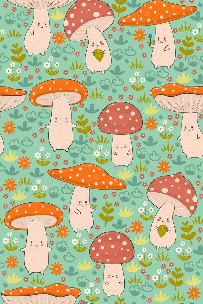 Seamless pattern with cute amanita in the meadow. Vector graphics.