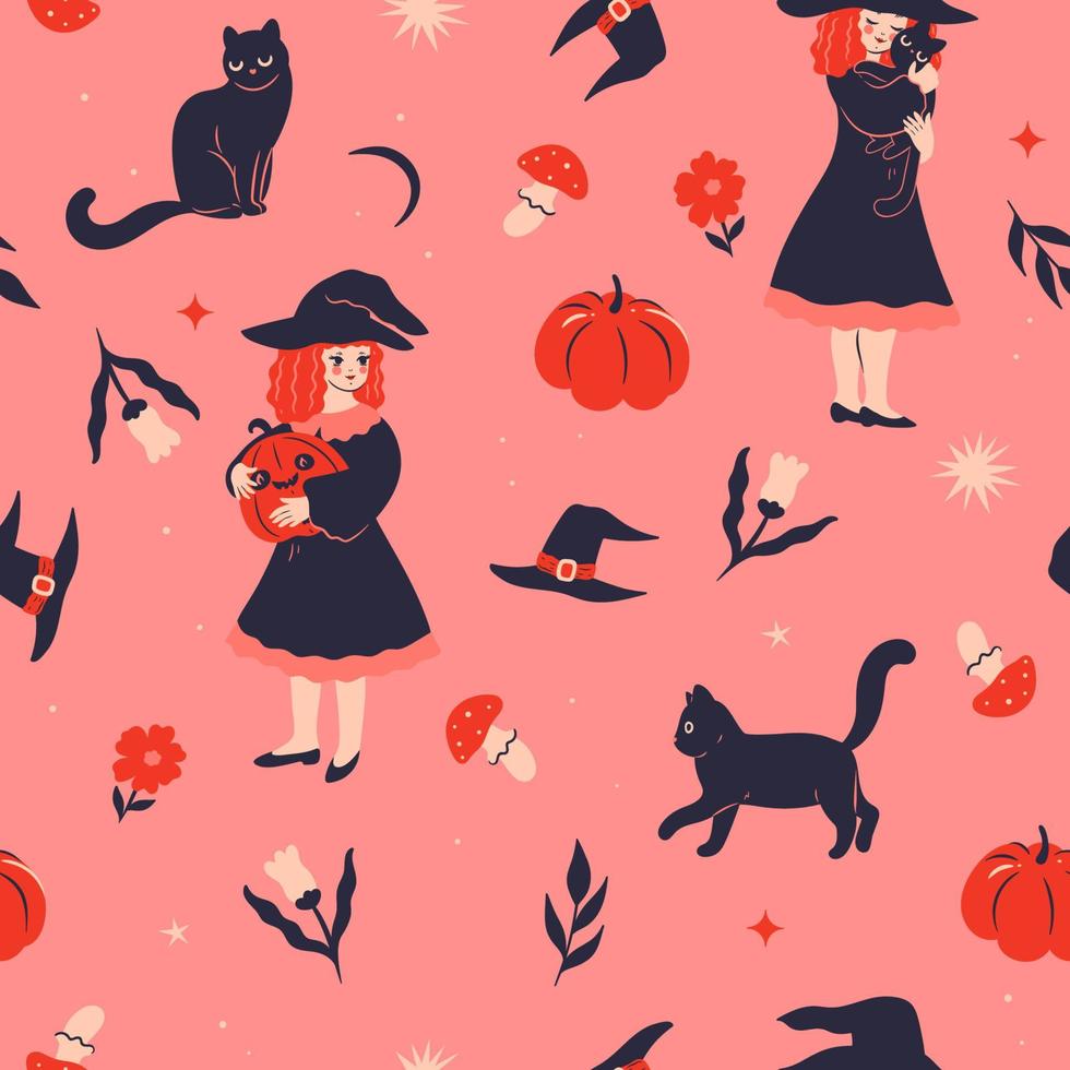 Halloween seamless pattern with witches, black cats and pumpkins. Vector graphics.