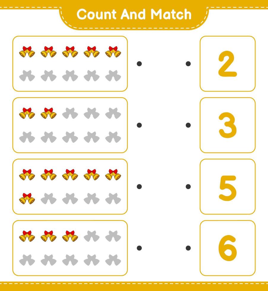 Count and match, count the number of Christmas Bell and match with the right numbers. Educational children game, printable worksheet, vector illustration