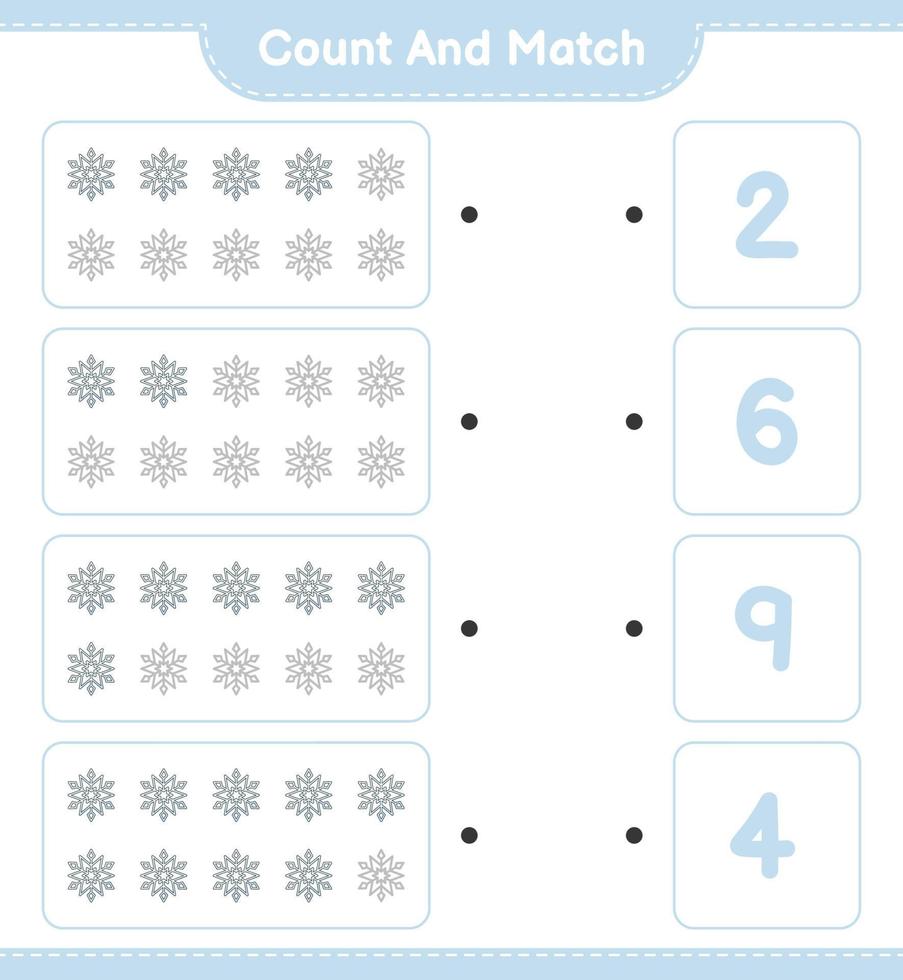 Count and match, count the number of Snowflake and match with the right numbers. Educational children game, printable worksheet, vector illustration