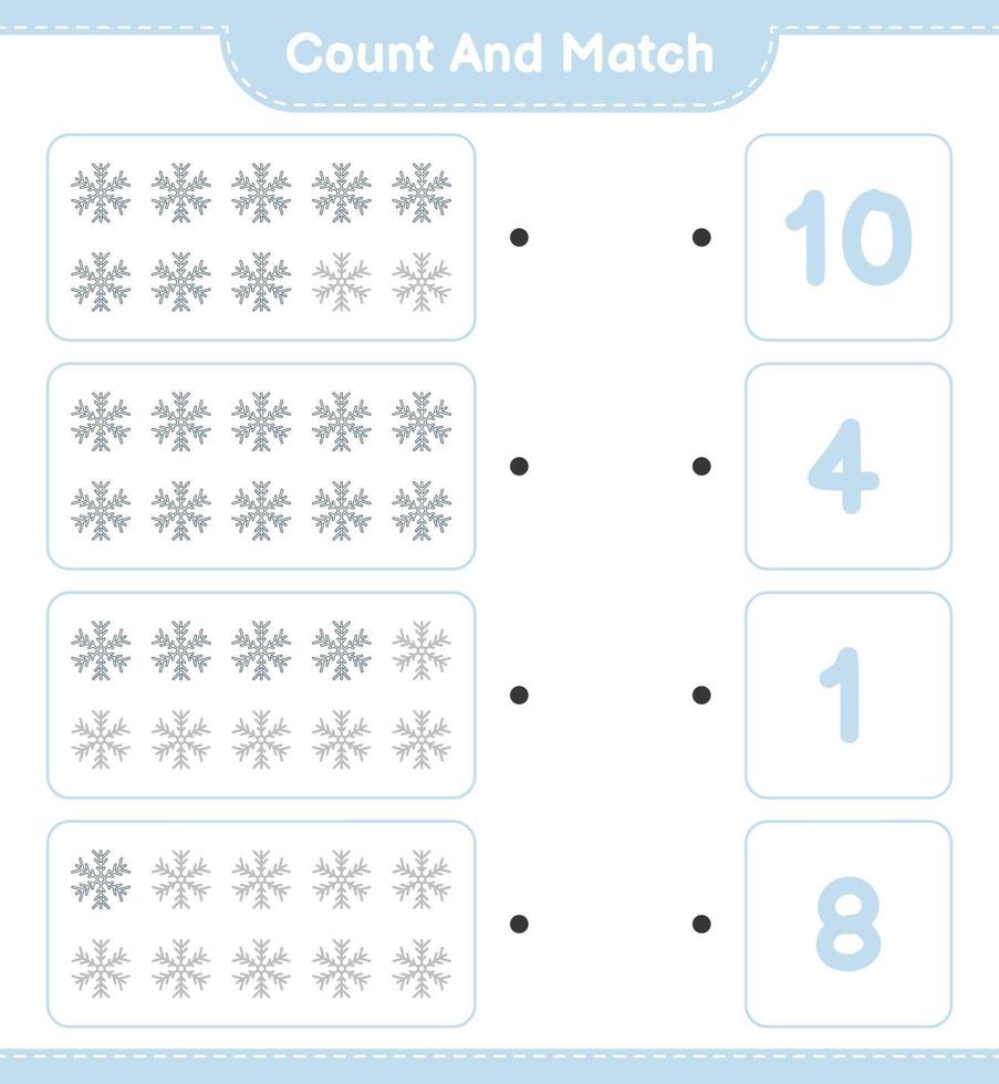 Count and match, count the number of Snowflake and match with the right numbers. Educational children game, printable worksheet, vector illustration