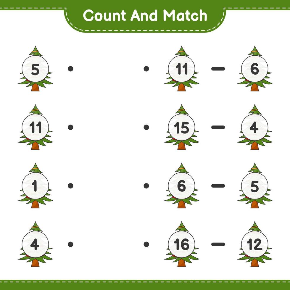 Count and match, count the number of Christmas Tree and match with the right numbers. Educational children game, printable worksheet, vector illustration