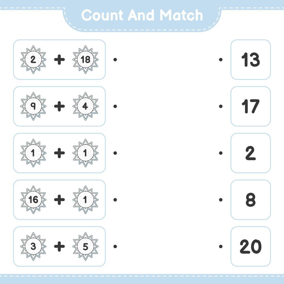 Count and match, count the number of Snowflake and match with the right numbers. Educational children game, printable worksheet, vector illustration
