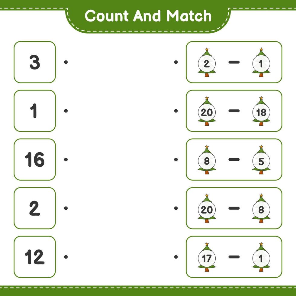 Count and match, count the number of Christmas Tree and match with the right numbers. Educational children game, printable worksheet, vector illustration