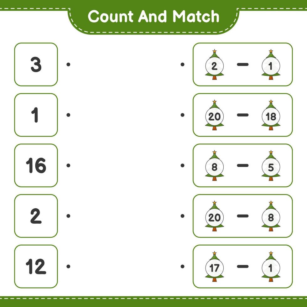 cuenta y empareja, cuenta el número de árboles de navidad y empareja con los números correctos. juego educativo para niños, hoja de cálculo imprimible, ilustración vectorial vector