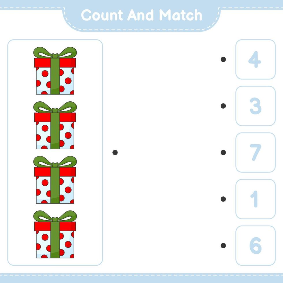 cuente y combine, cuente el número de cajas de regalo y combine con los números correctos. juego educativo para niños, hoja de cálculo imprimible, ilustración vectorial vector