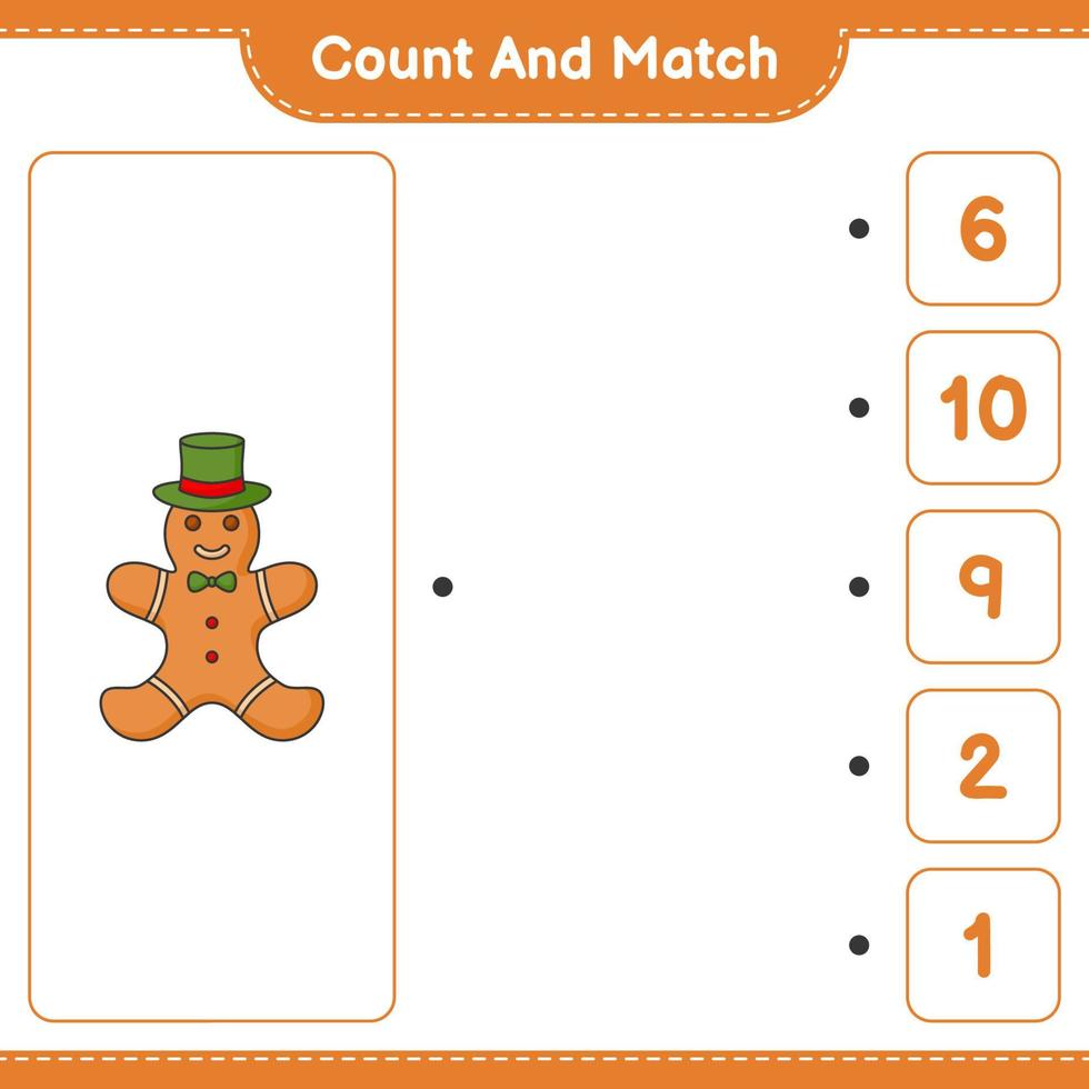 Count and match, count the number of Gingerbread Man and match with the right numbers. Educational children game, printable worksheet, vector illustration