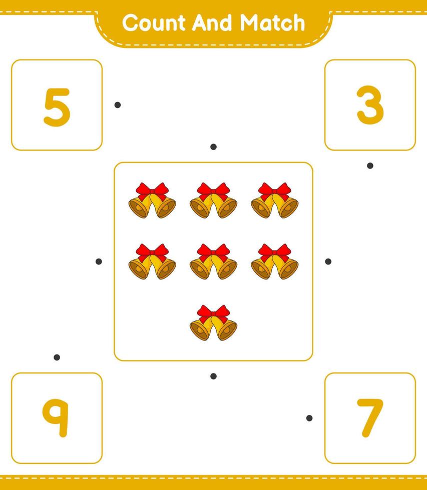 Count and match, count the number of Christmas Bell and match with the right numbers. Educational children game, printable worksheet, vector illustration