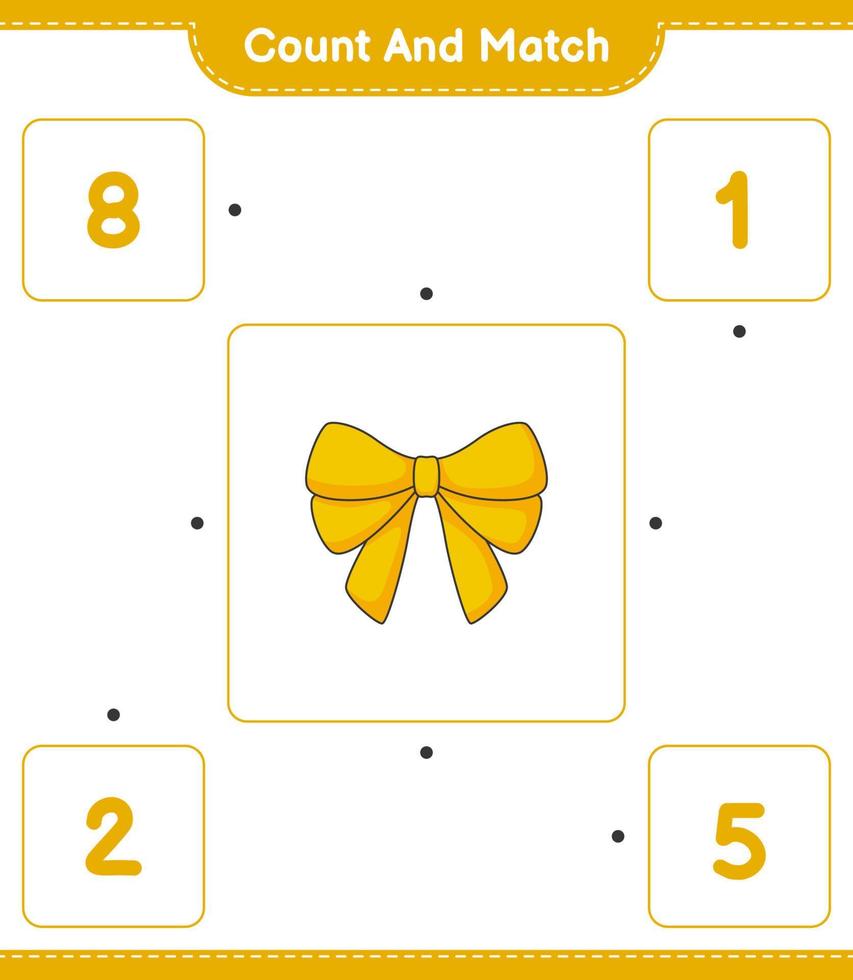 Count and match, count the number of Ribbon and match with the right numbers. Educational children game, printable worksheet, vector illustration