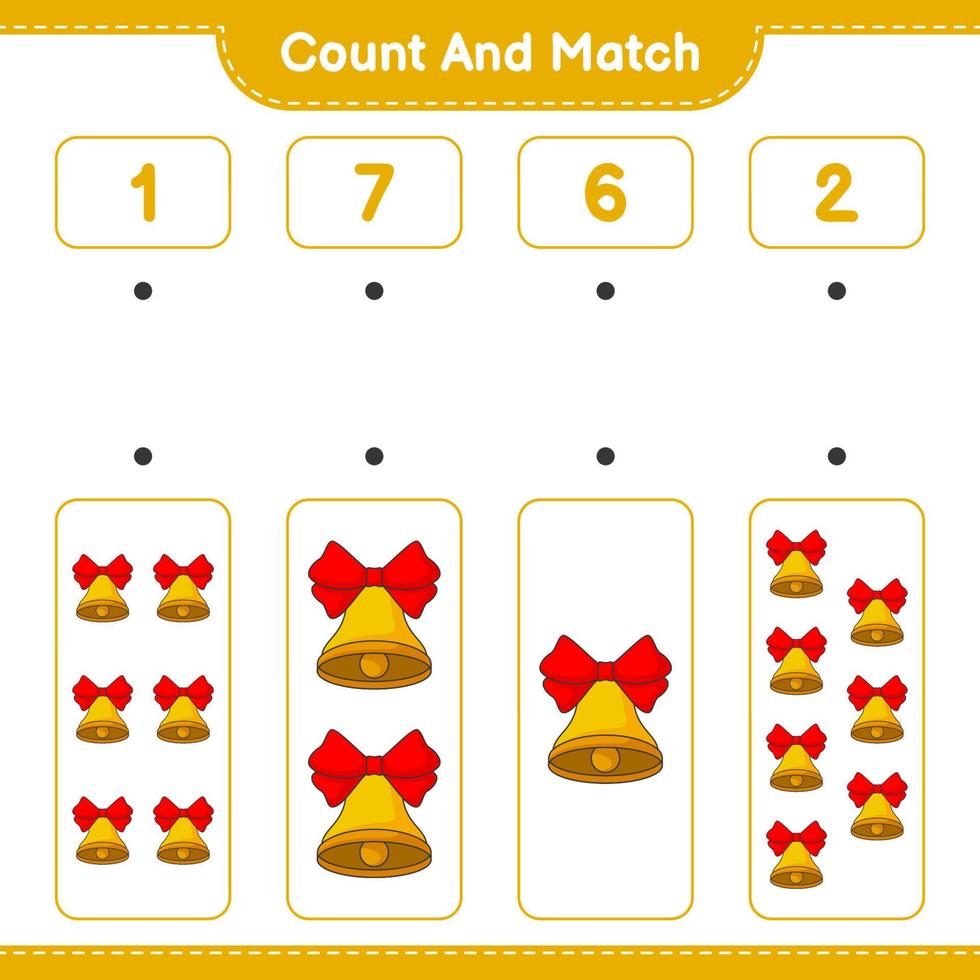 Count and match, count the number of Christmas Bell and match with the right numbers. Educational children game, printable worksheet, vector illustration