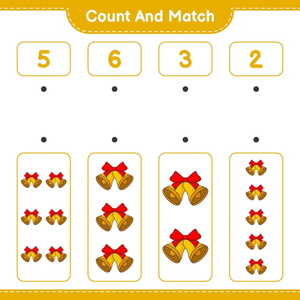 Count and match, count the number of Christmas Bell and match with the right numbers. Educational children game, printable worksheet, vector illustration