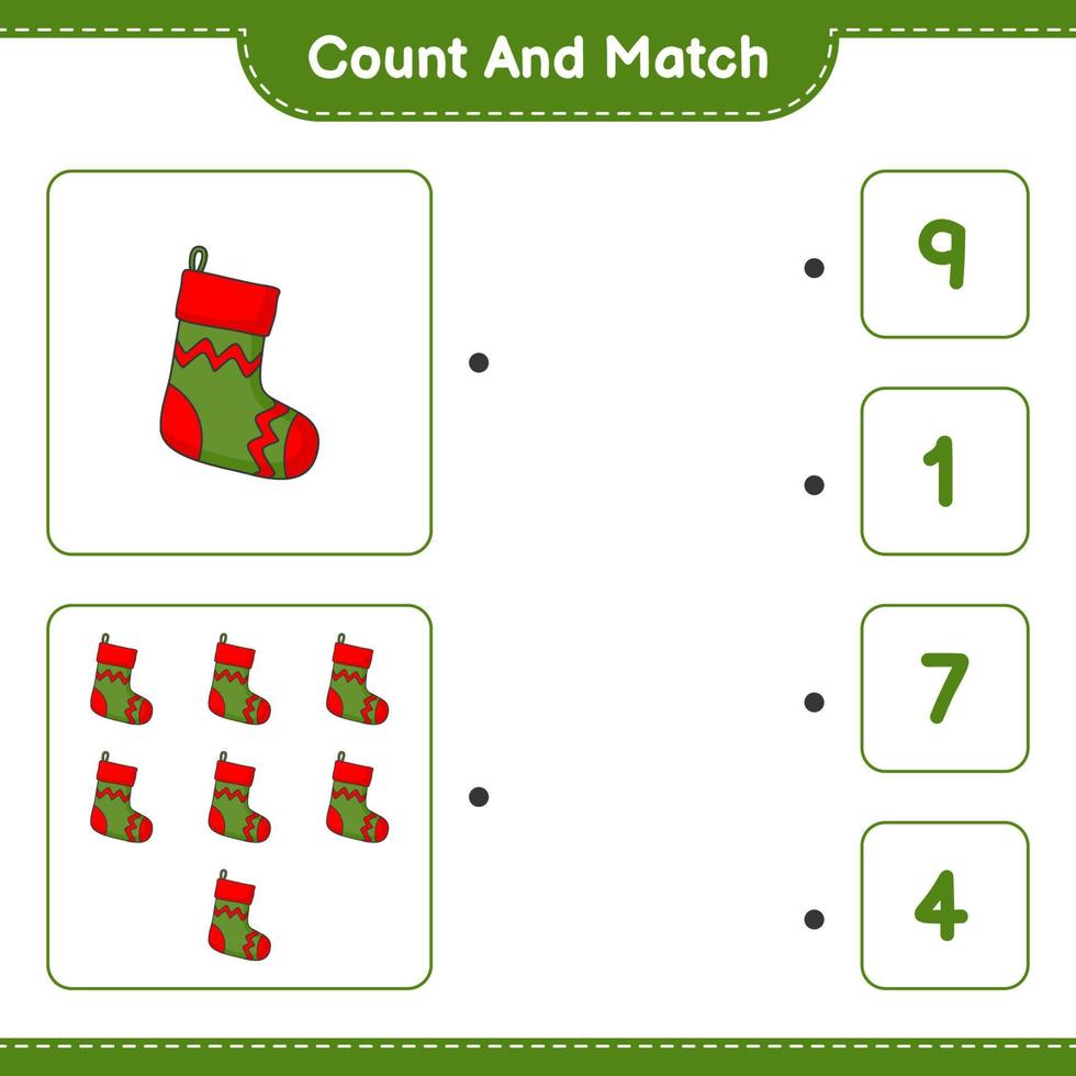 Count and match, count the number of Christmas Sock and match with the right numbers. Educational children game, printable worksheet, vector illustration