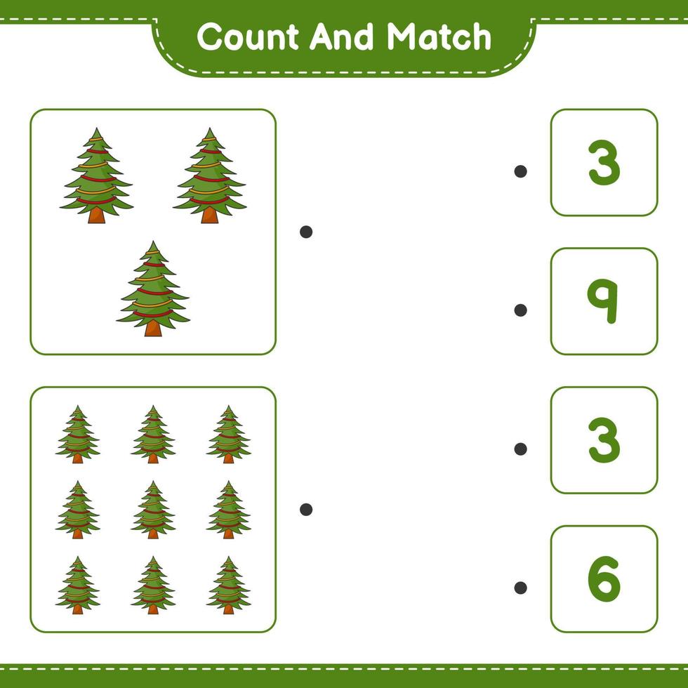 cuenta y empareja, cuenta el número de árboles de navidad y empareja con los números correctos. juego educativo para niños, hoja de cálculo imprimible, ilustración vectorial vector