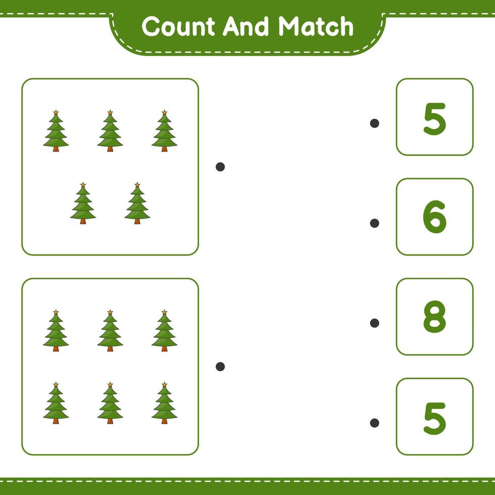 Count and match, count the number of Christmas Tree and match with the right numbers. Educational children game, printable worksheet, vector illustration