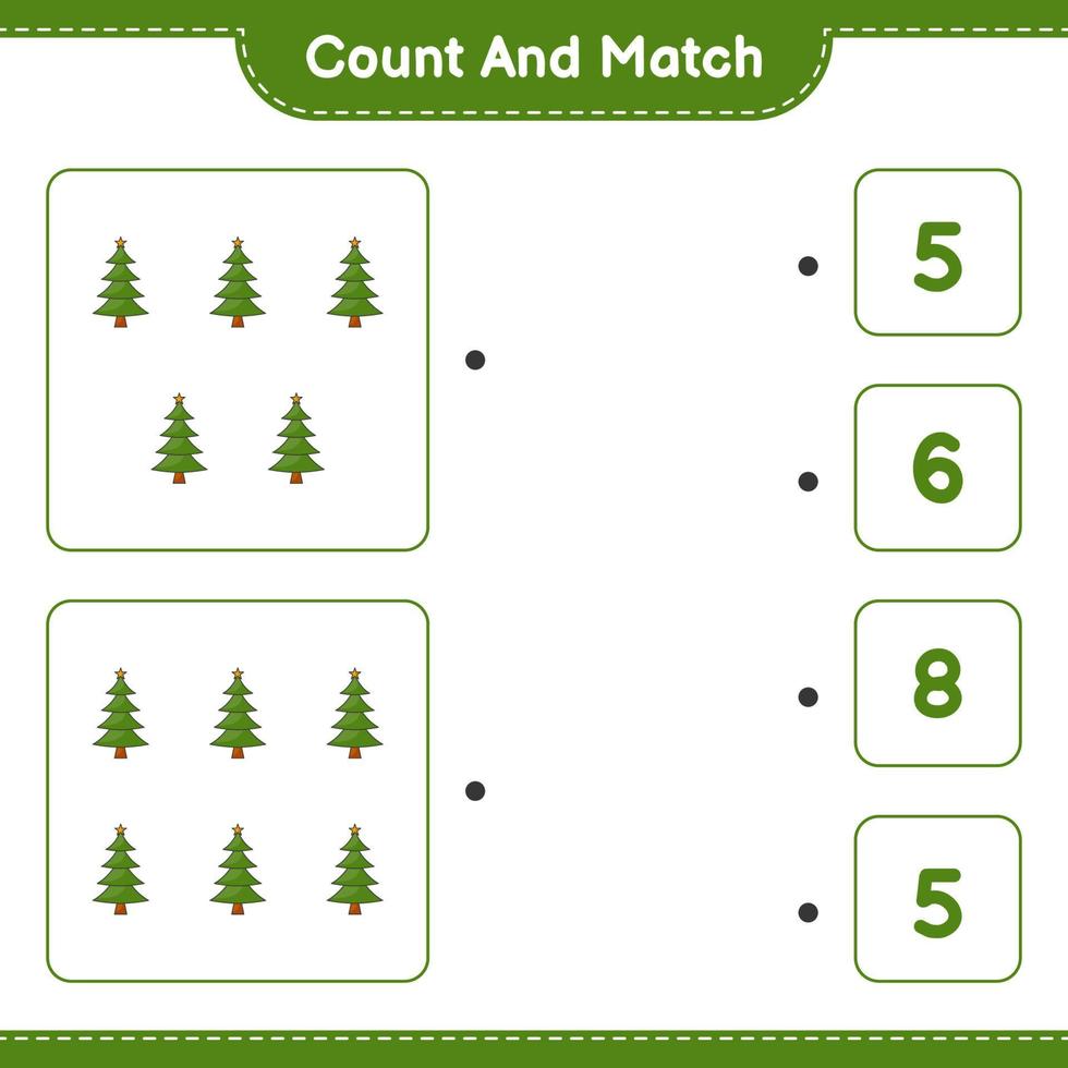 cuenta y empareja, cuenta el número de árboles de navidad y empareja con los números correctos. juego educativo para niños, hoja de cálculo imprimible, ilustración vectorial vector