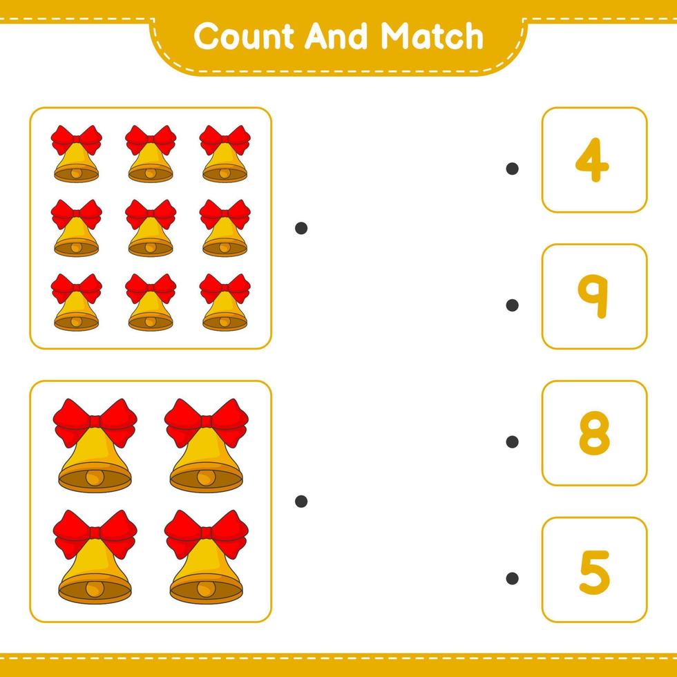 Count and match, count the number of Christmas Bell and match with the right numbers. Educational children game, printable worksheet, vector illustration