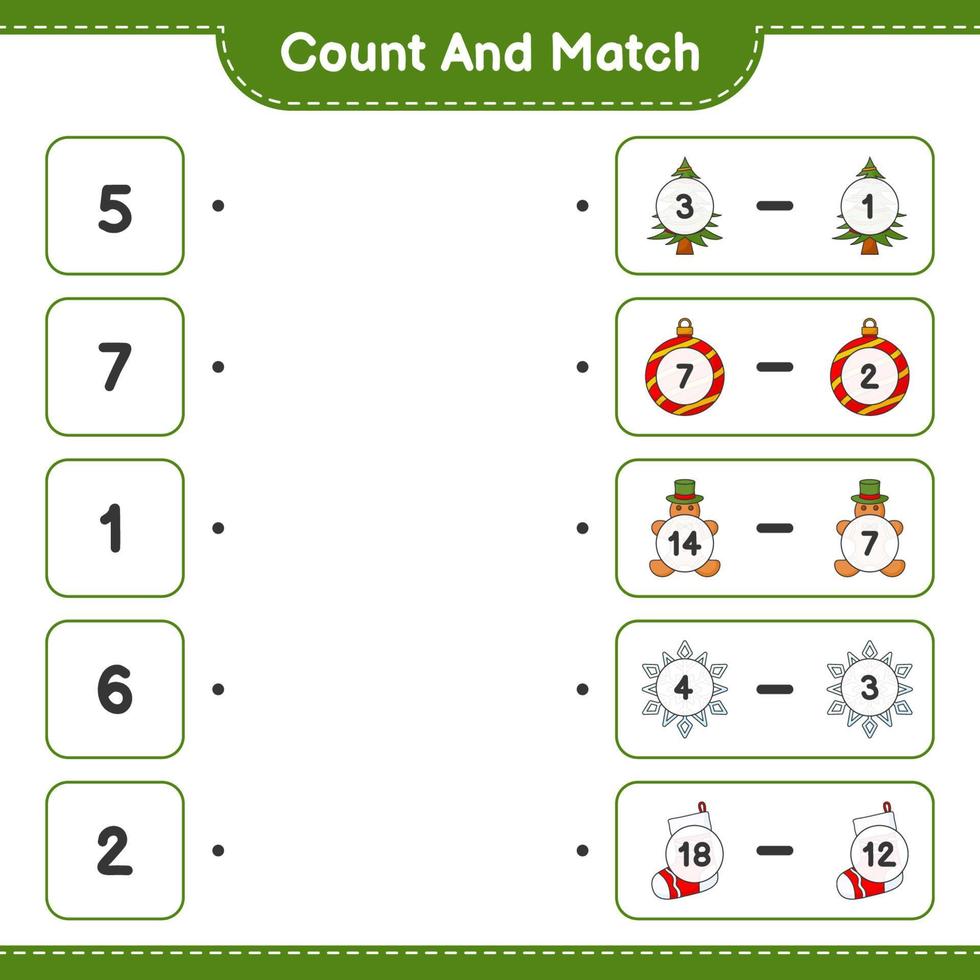 cuente y combine, cuente el número de hombre de pan de jengibre, árbol, calcetín, bola de navidad, copo de nieve y combine con los números correctos. juego educativo para niños, hoja de cálculo imprimible, ilustración vectorial vector