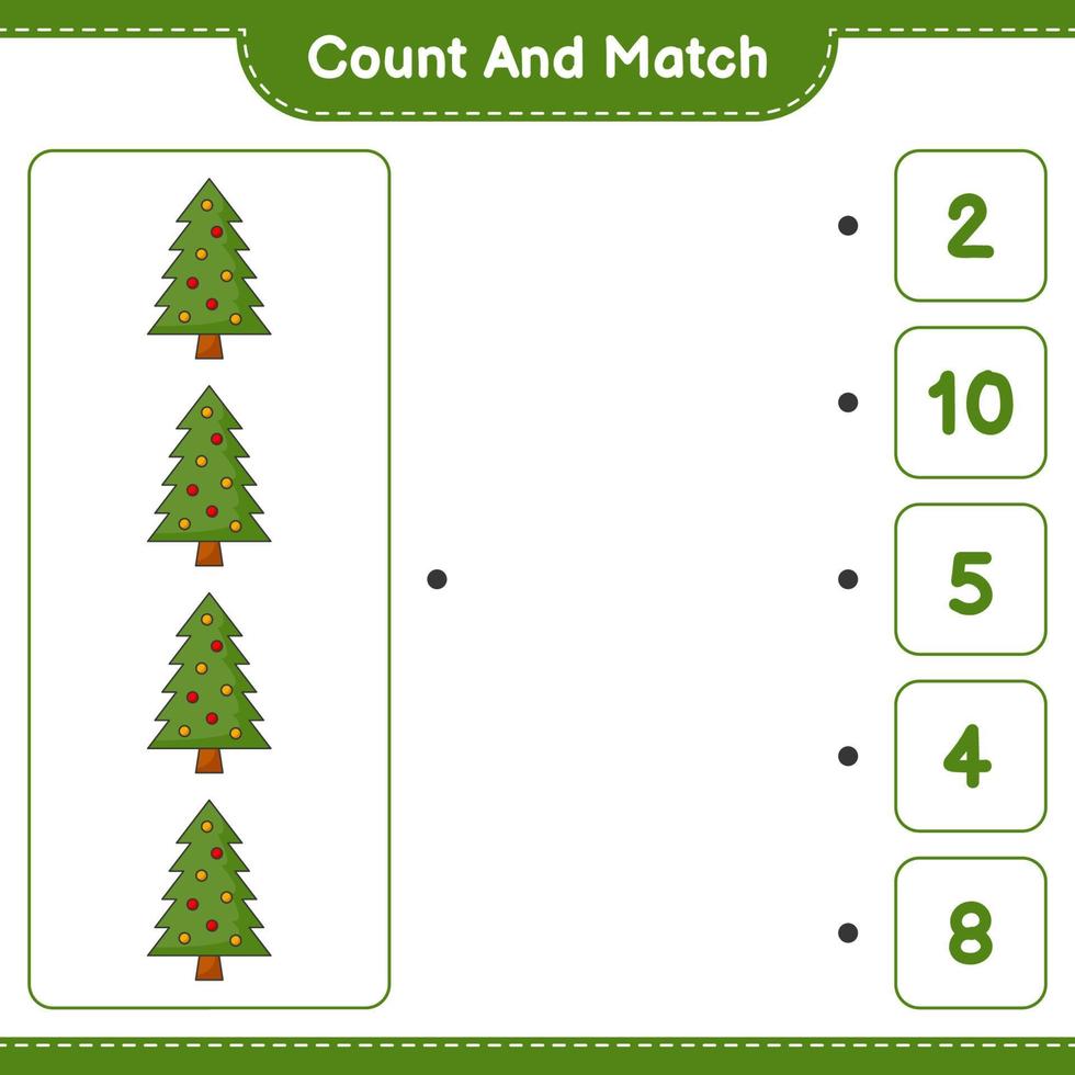 cuenta y empareja, cuenta el número de árboles de navidad y empareja con los números correctos. juego educativo para niños, hoja de cálculo imprimible, ilustración vectorial vector