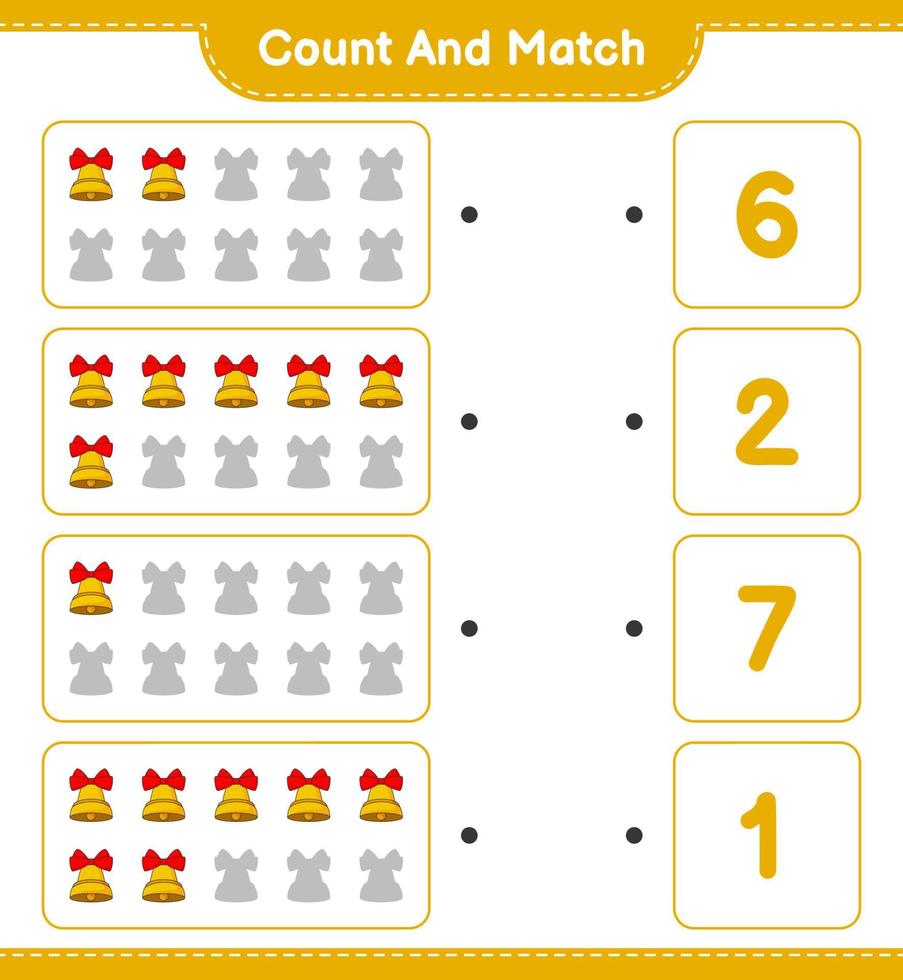Count and match, count the number of Christmas Bell and match with the right numbers. Educational children game, printable worksheet, vector illustration