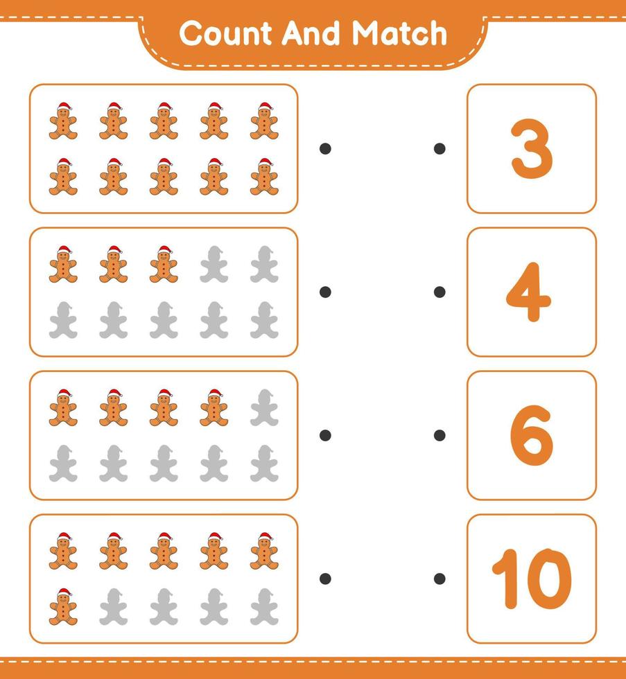 Count and match, count the number of Gingerbread Man and match with the right numbers. Educational children game, printable worksheet, vector illustration