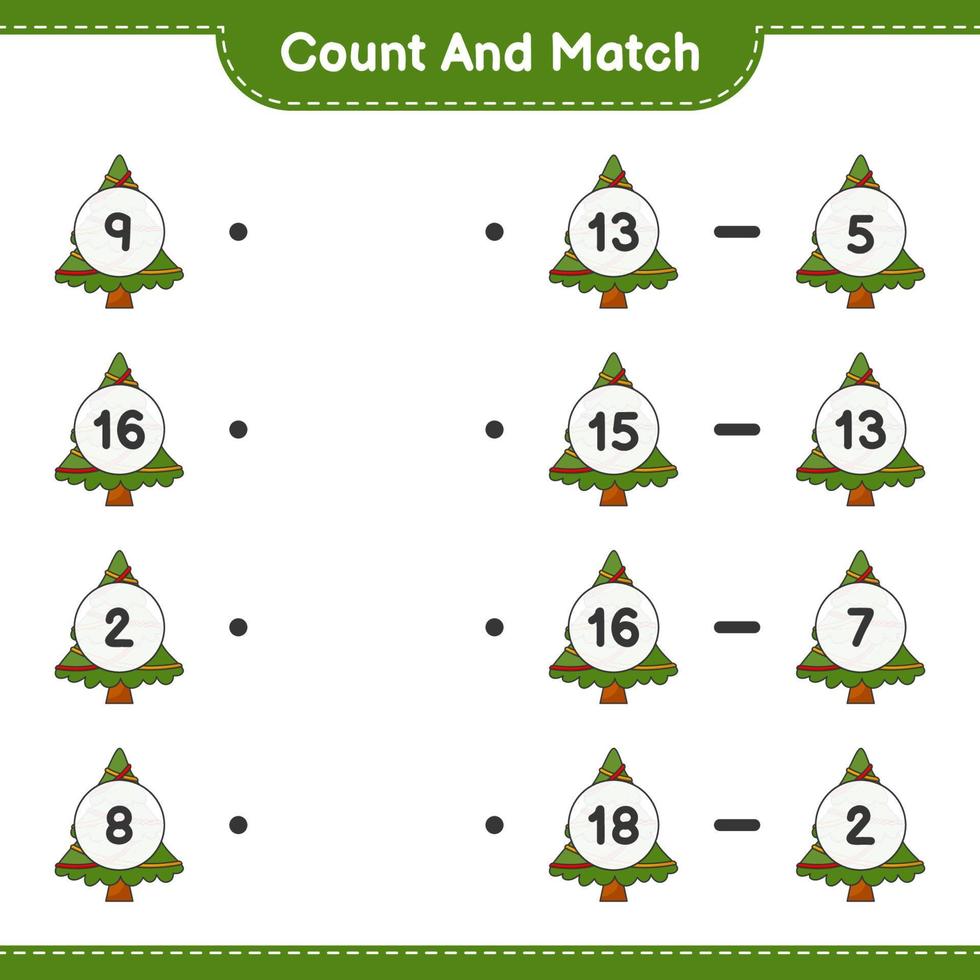 Count and match, count the number of Christmas Tree and match with the right numbers. Educational children game, printable worksheet, vector illustration