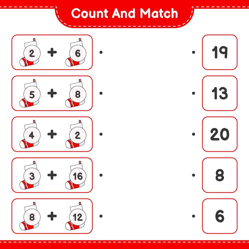 Count and match, count the number of Christmas Sock and match with the right numbers. Educational children game, printable worksheet, vector illustration