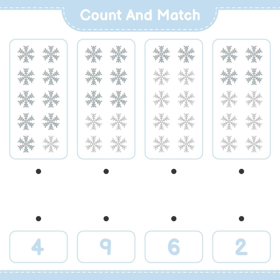 Count and match, count the number of Snowflake and match with the right numbers. Educational children game, printable worksheet, vector illustration