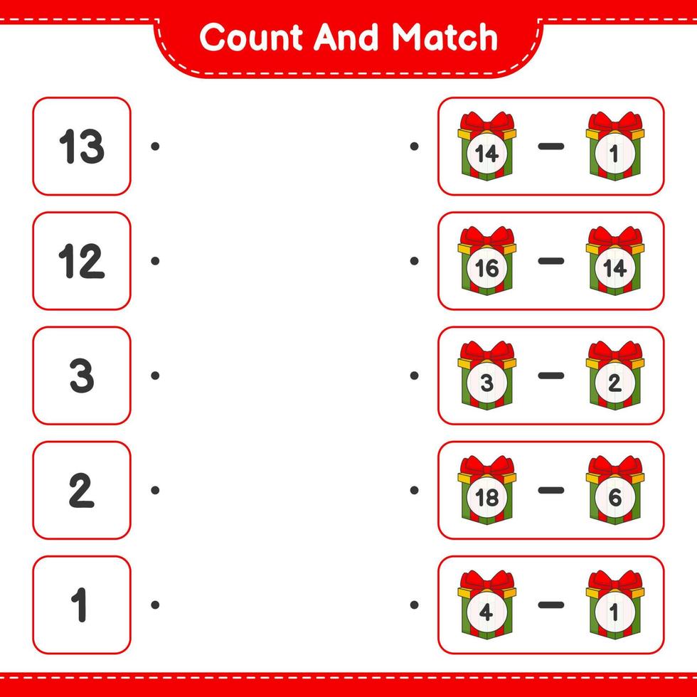 Count and match, count the number of Gift Box and match with the right numbers. Educational children game, printable worksheet, vector illustration