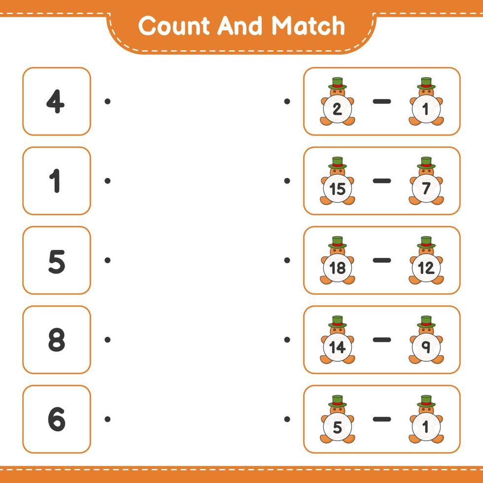 cuente y combine, cuente el número de hombres de pan de jengibre y combine con los números correctos. juego educativo para niños, hoja de cálculo imprimible, ilustración vectorial vector