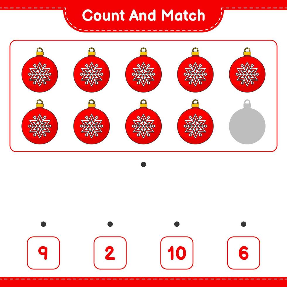 Count and match, count the number of Christmas Ball and match with the right numbers. Educational children game, printable worksheet, vector illustration