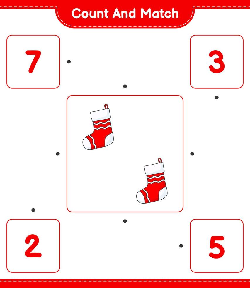 Count and match, count the number of Christmas Sock and match with the right numbers. Educational children game, printable worksheet, vector illustration