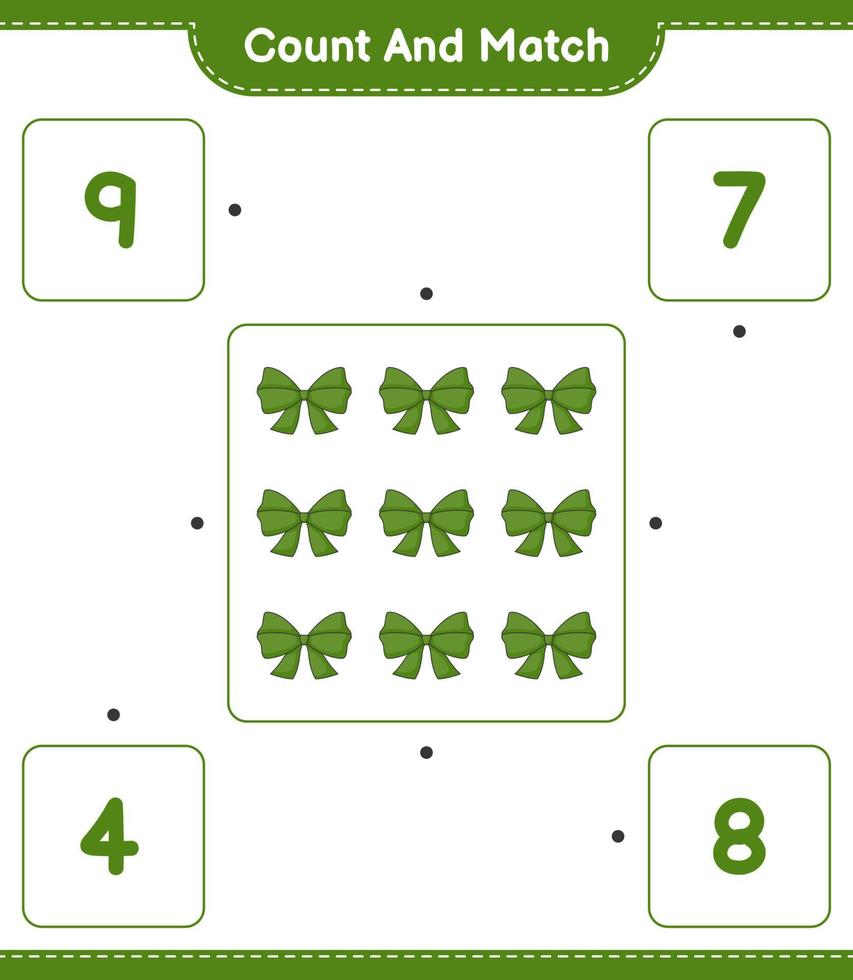 Count and match, count the number of Ribbon and match with the right numbers. Educational children game, printable worksheet, vector illustration