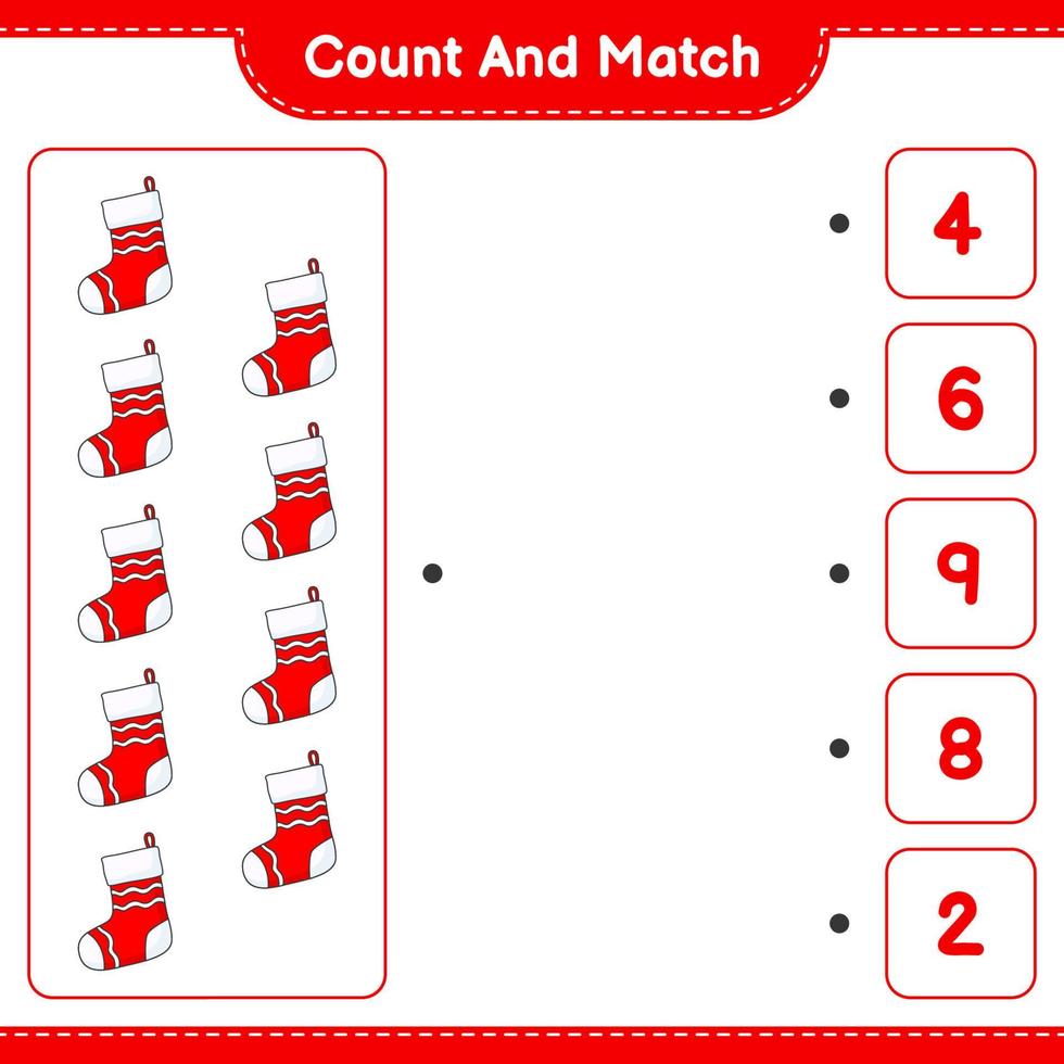 Count and match, count the number of Christmas Sock and match with the right numbers. Educational children game, printable worksheet, vector illustration
