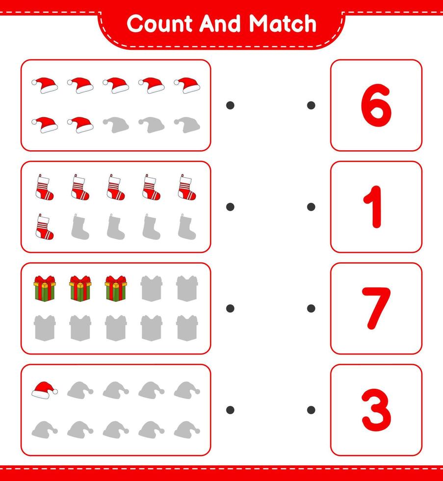 Count and match, count the number of Santa Hat, Gift Box, Christmas Sock and match with the right numbers. Educational children game, printable worksheet, vector illustration