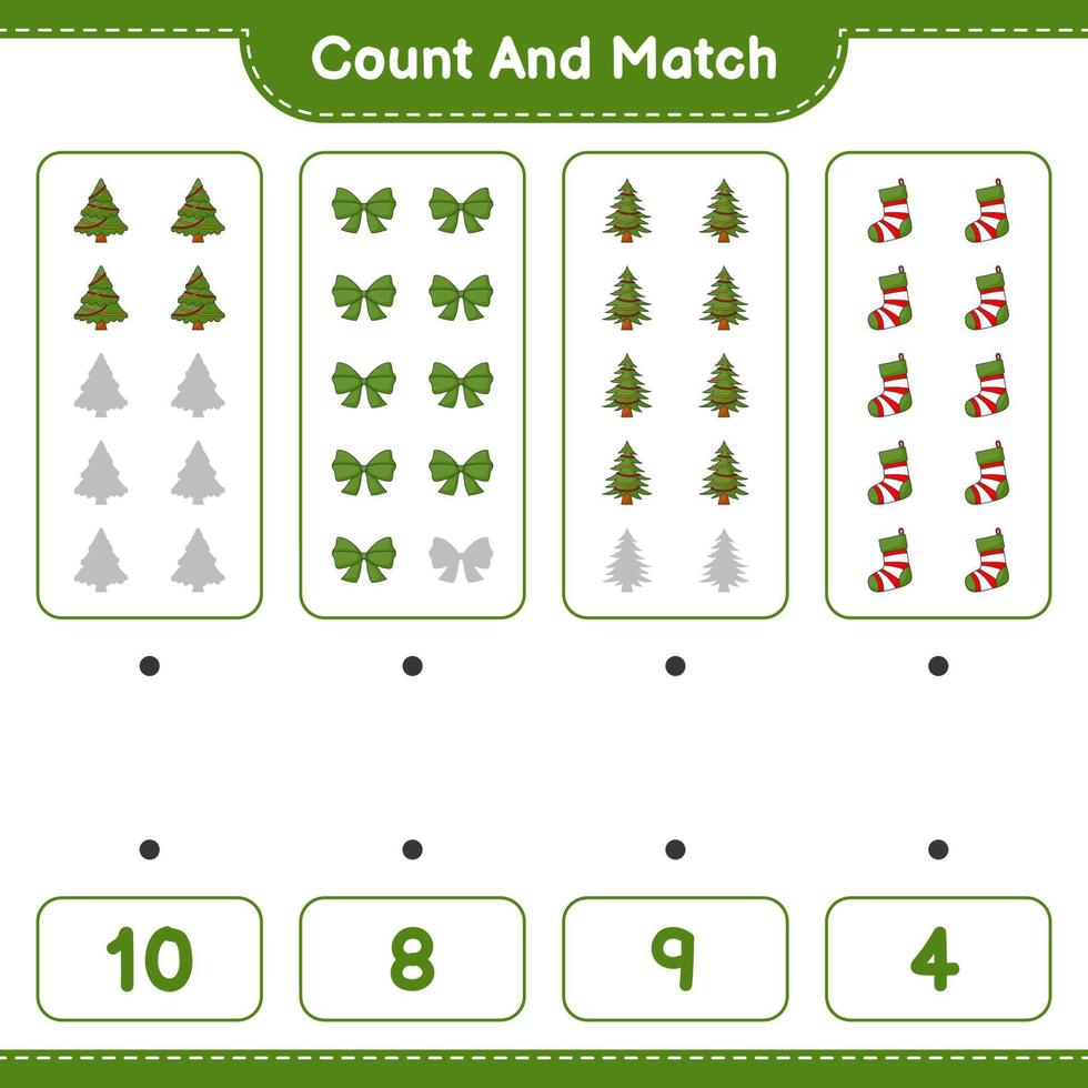 Count and match, count the number of Christmas Tree, Ribbon, Christmas Sock and match with the right numbers. Educational children game, printable worksheet, vector illustration