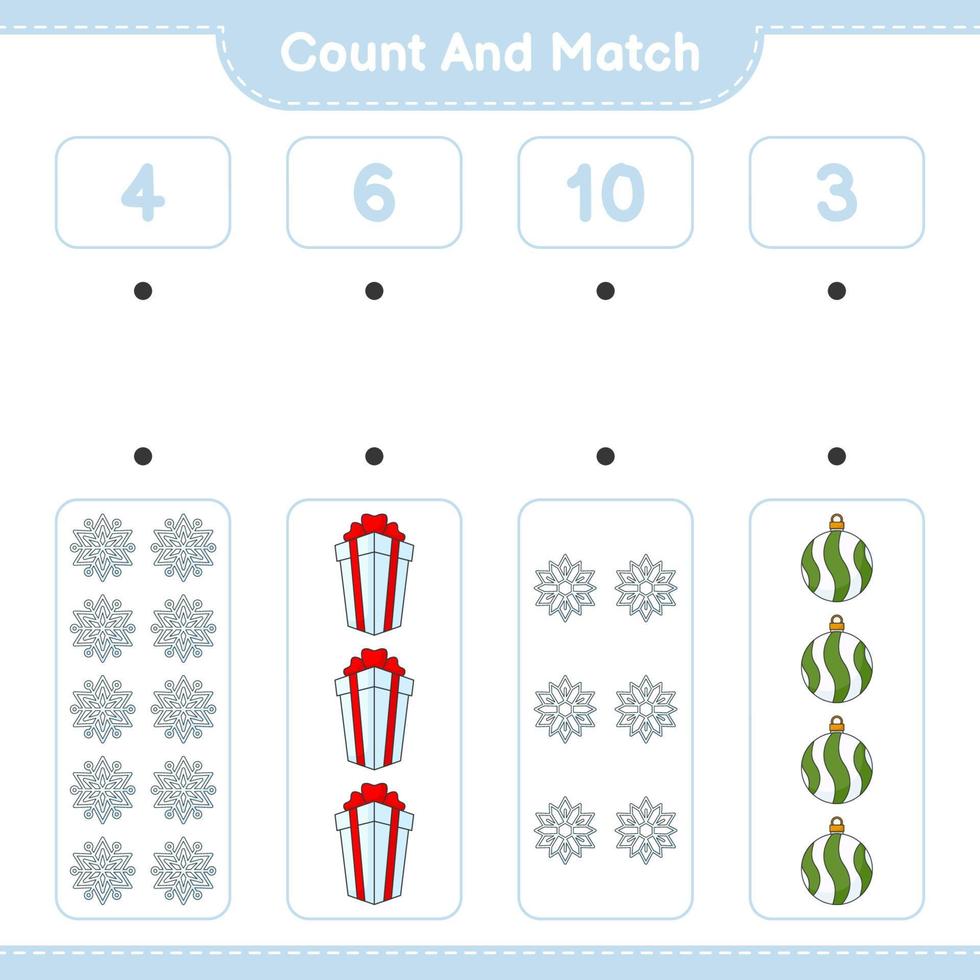 Count and match, count the number of Snowflake, Christmas Ball, Gift Box and match with the right numbers. Educational children game, printable worksheet, vector illustration