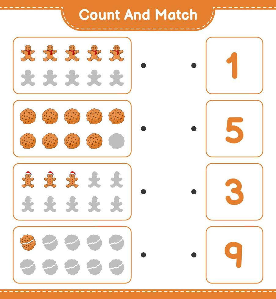 cuenta y empareja, cuenta el número de galletas, hombre de jengibre y empareja con los números correctos. juego educativo para niños, hoja de cálculo imprimible, ilustración vectorial vector