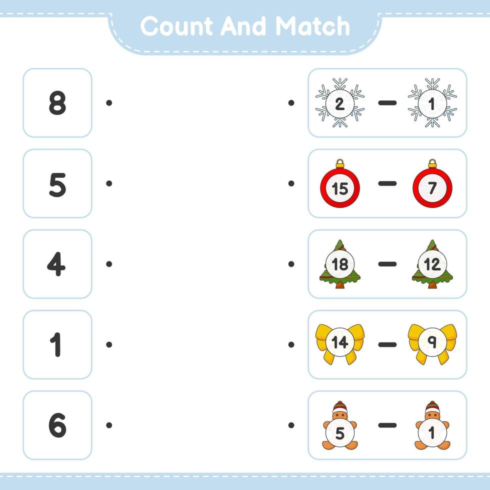 Count and match, count the number of Snowflake, Ribbon, Tree, Christmas Ball, Gingerbread Man and match with the right numbers. Educational children game, printable worksheet, vector illustration