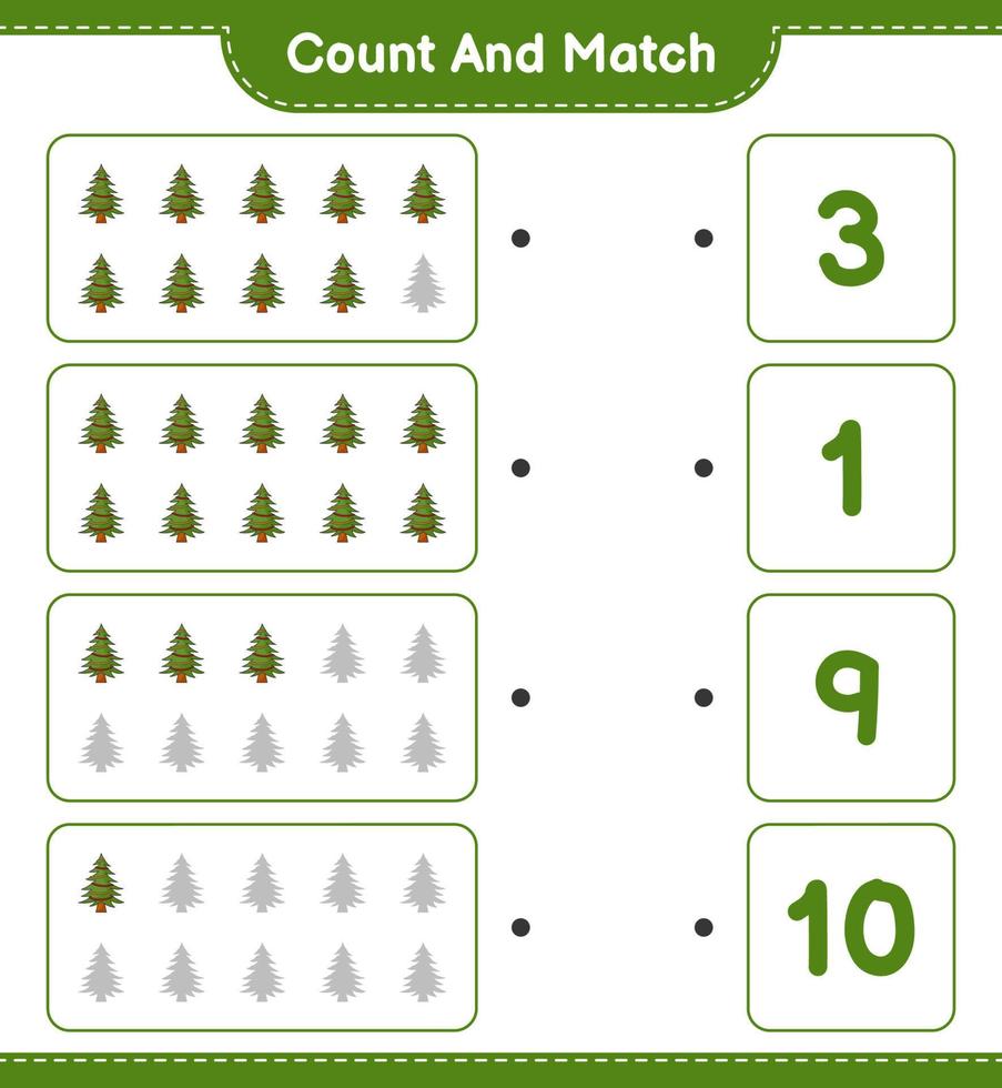 cuenta y empareja, cuenta el número de árboles de navidad y empareja con los números correctos. juego educativo para niños, hoja de cálculo imprimible, ilustración vectorial vector