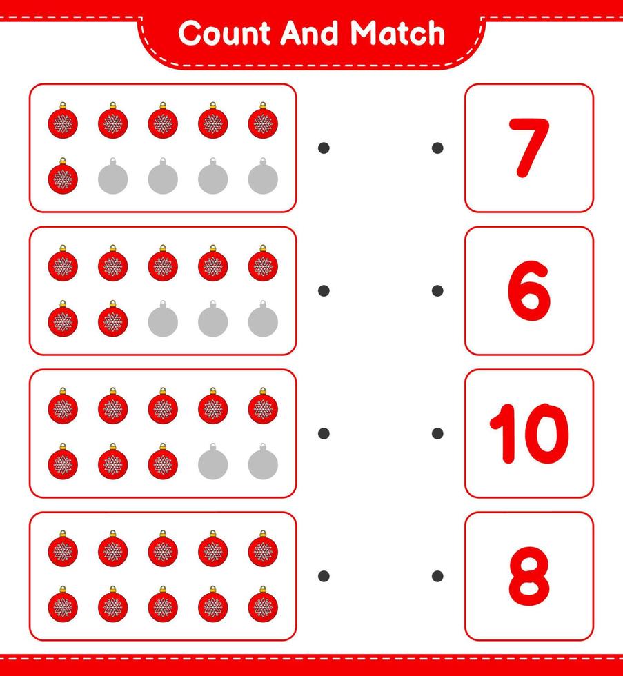 Count and match, count the number of Christmas Ball and match with the right numbers. Educational children game, printable worksheet, vector illustration