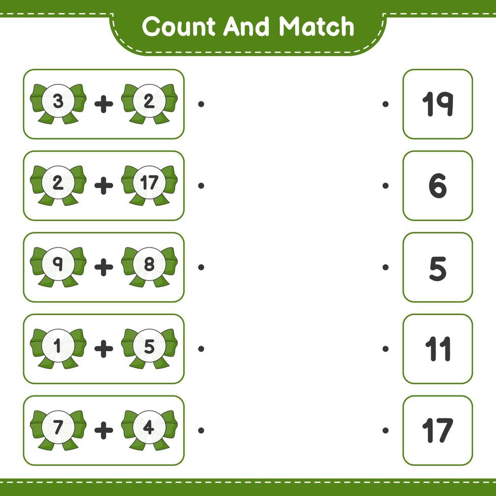 Count and match, count the number of Ribbon and match with the right numbers. Educational children game, printable worksheet, vector illustration