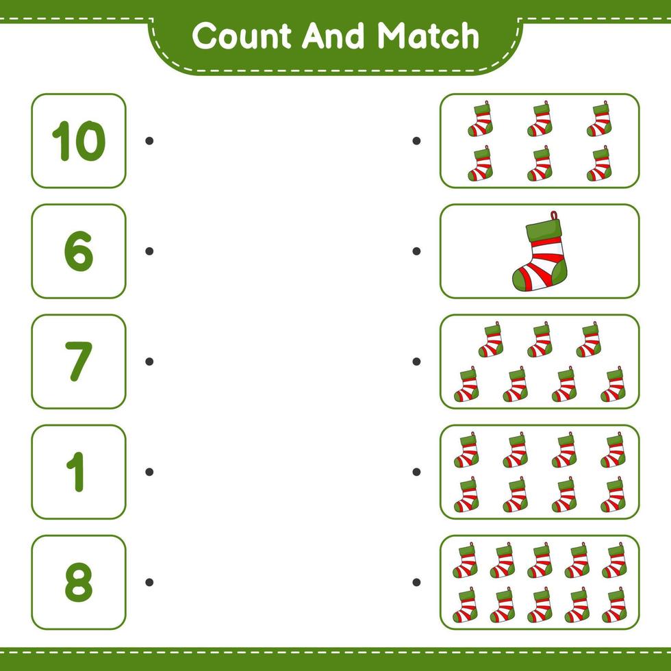 Count and match, count the number of Christmas Sock and match with the right numbers. Educational children game, printable worksheet, vector illustration