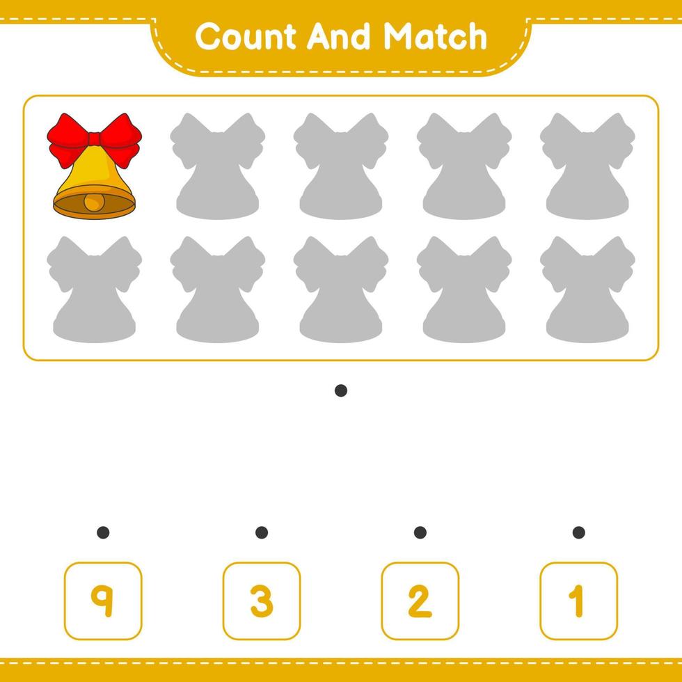 Count and match, count the number of Christmas Bell and match with the right numbers. Educational children game, printable worksheet, vector illustration