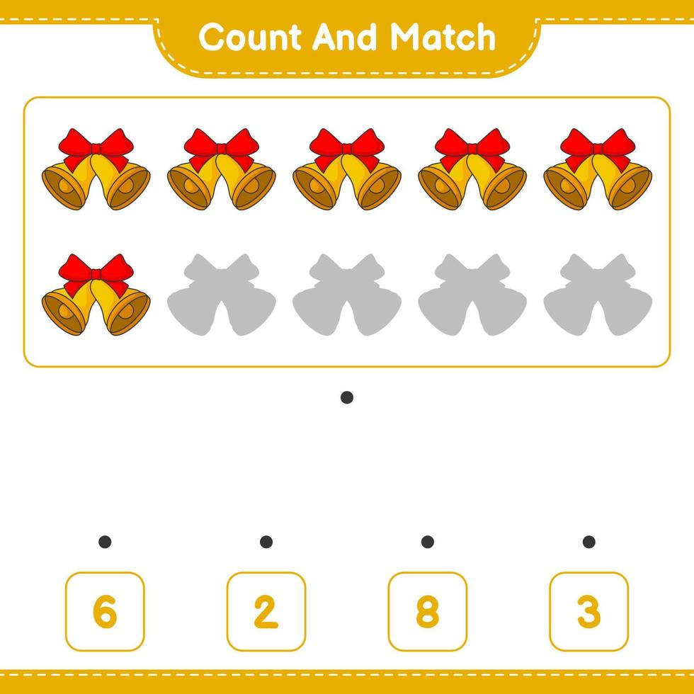 Count and match, count the number of Christmas Bell and match with the right numbers. Educational children game, printable worksheet, vector illustration